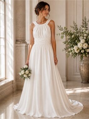 David's Bridal Ivory Halter-Style Pleated Bodice Wedding Gown